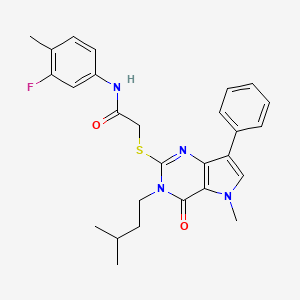 molecular formula C27H29FN4O2S B2656551 N-(3-fluoro-4-methylphenyl)-2-{[5-methyl-3-(3-methylbutyl)-4-oxo-7-phenyl-3H,4H,5H-pyrrolo[3,2-d]pyrimidin-2-yl]sulfanyl}acetamide CAS No. 1115338-58-3