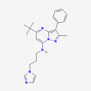 molecular formula C23H28N6 B2656568 5-tert-butyl-N-[3-(1H-imidazol-1-yl)propyl]-2-methyl-3-phenylpyrazolo[1,5-a]pyrimidin-7-amine CAS No. 850899-81-9