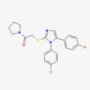 molecular formula C21H19BrClN3OS B2656581 2-((5-(4-bromophenyl)-1-(4-chlorophenyl)-1H-imidazol-2-yl)thio)-1-(pyrrolidin-1-yl)ethanone CAS No. 1226438-04-5