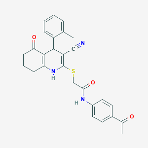 molecular formula C27H25N3O3S B265661 N-(4-acetylphenyl)-2-{[3-cyano-4-(2-methylphenyl)-5-oxo-1,4,5,6,7,8-hexahydroquinolin-2-yl]sulfanyl}acetamide 
