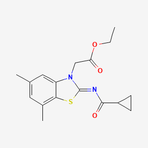 molecular formula C17H20N2O3S B2656741 ethyl 2-[(2Z)-2-(cyclopropanecarbonylimino)-5,7-dimethyl-2,3-dihydro-1,3-benzothiazol-3-yl]acetate CAS No. 1321833-87-7