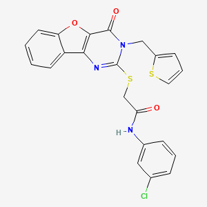 molecular formula C23H16ClN3O3S2 B2656764 N-(3-chlorophenyl)-2-({6-oxo-5-[(thiophen-2-yl)methyl]-8-oxa-3,5-diazatricyclo[7.4.0.0^{2,7}]trideca-1(9),2(7),3,10,12-pentaen-4-yl}sulfanyl)acetamide CAS No. 900002-37-1