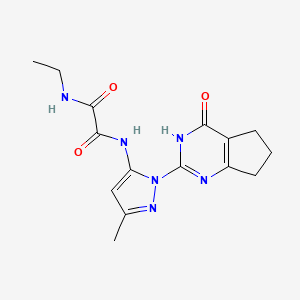 molecular formula C15H18N6O3 B2656942 N1-ethyl-N2-(3-methyl-1-(4-oxo-4,5,6,7-tetrahydro-3H-cyclopenta[d]pyrimidin-2-yl)-1H-pyrazol-5-yl)oxalamide CAS No. 1014028-06-8