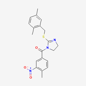 molecular formula C20H21N3O3S B2657596 2-{[(2,5-dimethylphenyl)methyl]sulfanyl}-1-(4-methyl-3-nitrobenzoyl)-4,5-dihydro-1H-imidazole CAS No. 851804-54-1