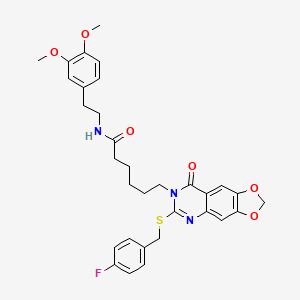 molecular formula C32H34FN3O6S B2657854 N-[2-(3,4-dimethoxyphenyl)ethyl]-6-(6-{[(4-fluorophenyl)methyl]sulfanyl}-8-oxo-2H,7H,8H-[1,3]dioxolo[4,5-g]quinazolin-7-yl)hexanamide CAS No. 688061-51-0