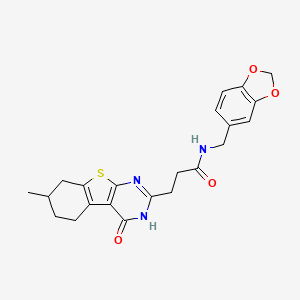 molecular formula C22H23N3O4S B2658000 N-(1,3-benzodioxol-5-ylmethyl)-3-(7-methyl-4-oxo-3,4,5,6,7,8-hexahydro[1]benzothieno[2,3-d]pyrimidin-2-yl)propanamide CAS No. 950435-96-8