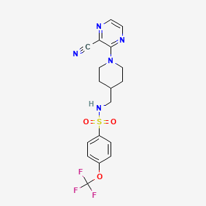 molecular formula C18H18F3N5O3S B2658127 N-((1-(3-cyanopyrazin-2-yl)piperidin-4-yl)methyl)-4-(trifluoromethoxy)benzenesulfonamide CAS No. 1797956-43-4