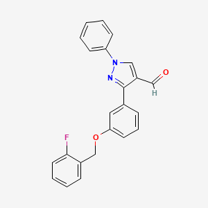 molecular formula C23H17FN2O2 B2658136 3-{3-[(2-Fluorophenyl)methoxy]phenyl}-1-phenylpyrazole-4-carbaldehyde CAS No. 1234692-27-3