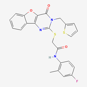 molecular formula C24H18FN3O3S2 B2658433 N-(4-fluoro-2-methylphenyl)-2-({6-oxo-5-[(thiophen-2-yl)methyl]-8-oxa-3,5-diazatricyclo[7.4.0.0^{2,7}]trideca-1(9),2(7),3,10,12-pentaen-4-yl}sulfanyl)acetamide CAS No. 899941-80-1