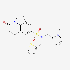 molecular formula C22H23N3O3S2 B2658593 N-[(1-methyl-1H-pyrrol-2-yl)methyl]-11-oxo-N-[(thiophen-2-yl)methyl]-1-azatricyclo[6.3.1.0^{4,12}]dodeca-4(12),5,7-triene-6-sulfonamide CAS No. 1797224-55-5