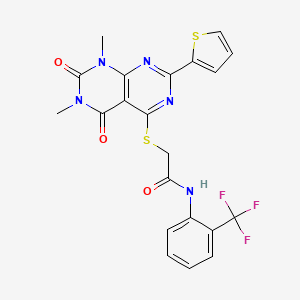molecular formula C21H16F3N5O3S2 B2658654 2-((6,8-二甲基-5,7-二氧代-2-(噻吩-2-基)-5,6,7,8-四氢嘧啶并[4,5-d]嘧啶-4-基)硫)-N-(2-(三氟甲基)苯基)乙酰胺 CAS No. 847191-84-8