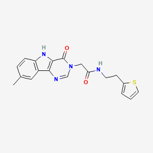molecular formula C19H18N4O2S B2658658 2-(8-methyl-4-oxo-4,5-dihydro-3H-pyrimido[5,4-b]indol-3-yl)-N-(2-(thiophen-2-yl)ethyl)acetamide CAS No. 1185044-01-2