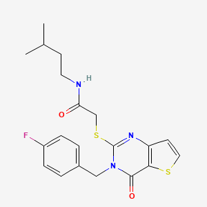 molecular formula C20H22FN3O2S2 B2658669 2-({3-[(4-fluorophenyl)methyl]-4-oxo-3H,4H-thieno[3,2-d]pyrimidin-2-yl}sulfanyl)-N-(3-methylbutyl)acetamide CAS No. 1252903-40-4