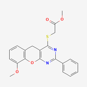 molecular formula C21H18N2O4S B2658776 Methyl 2-({9-methoxy-2-phenyl-5H-chromeno[2,3-D]pyrimidin-4-YL}sulfanyl)acetate CAS No. 866811-22-5