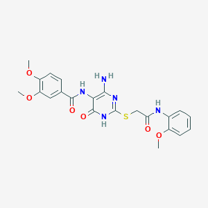 molecular formula C22H23N5O6S B2658778 N-(4-amino-2-((2-((2-methoxyphenyl)amino)-2-oxoethyl)thio)-6-oxo-1,6-dihydropyrimidin-5-yl)-3,4-dimethoxybenzamide CAS No. 868227-10-5