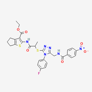 molecular formula C29H27FN6O6S2 B2659083 ethyl 2-(2-{[4-(4-fluorophenyl)-5-{[(4-nitrophenyl)formamido]methyl}-4H-1,2,4-triazol-3-yl]sulfanyl}propanamido)-4H,5H,6H-cyclopenta[b]thiophene-3-carboxylate CAS No. 393814-87-4