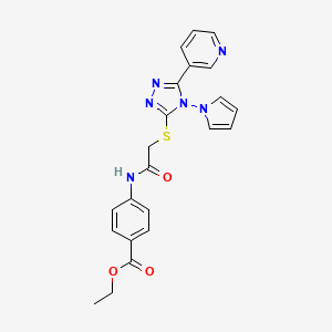 molecular formula C22H20N6O3S B2659206 ethyl 4-(2-{[5-(pyridin-3-yl)-4-(1H-pyrrol-1-yl)-4H-1,2,4-triazol-3-yl]sulfanyl}acetamido)benzoate CAS No. 886938-89-2