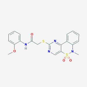 molecular formula C20H18N4O4S2 B2659273 N-(2-methoxyphenyl)-2-({9-methyl-8,8-dioxo-8lambda6-thia-3,5,9-triazatricyclo[8.4.0.0^{2,7}]tetradeca-1(14),2(7),3,5,10,12-hexaen-4-yl}sulfanyl)acetamide CAS No. 895101-93-6