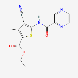 molecular formula C14H12N4O3S B2659304 ethyl 4-cyano-3-methyl-5-(pyrazine-2-amido)thiophene-2-carboxylate CAS No. 540757-67-3