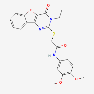 molecular formula C22H21N3O5S B2659496 N-(3,4-dimethoxyphenyl)-2-({5-ethyl-6-oxo-8-oxa-3,5-diazatricyclo[7.4.0.0^{2,7}]trideca-1(9),2(7),3,10,12-pentaen-4-yl}sulfanyl)acetamide CAS No. 899962-15-3