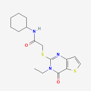 molecular formula C16H21N3O2S2 B2659620 N-cyclohexyl-2-({3-ethyl-4-oxo-3H,4H-thieno[3,2-d]pyrimidin-2-yl}sulfanyl)acetamide CAS No. 1252852-46-2