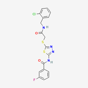 molecular formula C18H14ClFN4O2S2 B2659756 N-(5-((2-((2-chlorobenzyl)amino)-2-oxoethyl)thio)-1,3,4-thiadiazol-2-yl)-3-fluorobenzamide CAS No. 868973-85-7
