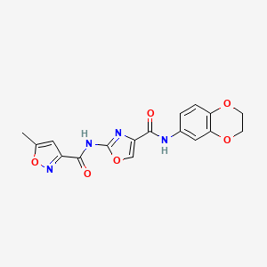 molecular formula C17H14N4O6 B2659863 N-(4-((2,3-dihydrobenzo[b][1,4]dioxin-6-yl)carbamoyl)oxazol-2-yl)-5-methylisoxazole-3-carboxamide CAS No. 1421466-87-6