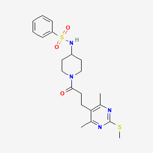 molecular formula C21H28N4O3S2 B2659968 N-(1-{3-[4,6-dimethyl-2-(methylsulfanyl)pyrimidin-5-yl]propanoyl}piperidin-4-yl)benzenesulfonamide CAS No. 1111567-30-6