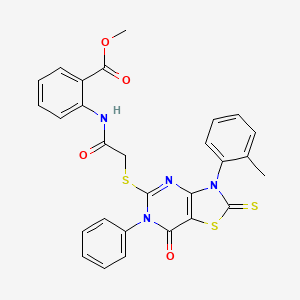 molecular formula C28H22N4O4S3 B2660192 methyl 2-(2-{[3-(2-methylphenyl)-7-oxo-6-phenyl-2-sulfanylidene-2H,3H,6H,7H-[1,3]thiazolo[4,5-d]pyrimidin-5-yl]sulfanyl}acetamido)benzoate CAS No. 422525-64-2