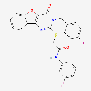 molecular formula C25H17F2N3O3S B2660478 N-(3-fluorophenyl)-2-({5-[(4-fluorophenyl)methyl]-6-oxo-8-oxa-3,5-diazatricyclo[7.4.0.0^{2,7}]trideca-1(9),2(7),3,10,12-pentaen-4-yl}sulfanyl)acetamide CAS No. 866873-66-7