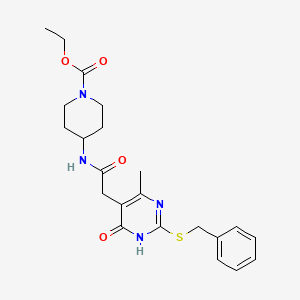 molecular formula C22H28N4O4S B2660503 Ethyl 4-(2-(2-(benzylthio)-4-methyl-6-oxo-1,6-dihydropyrimidin-5-yl)acetamido)piperidine-1-carboxylate CAS No. 1105241-33-5