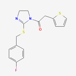 1-[2-[(4-Fluorophenyl)methylsulfanyl]-4,5-dihydroimidazol-1-yl]-2-thiophen-2-ylethanone