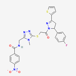 molecular formula C26H22FN7O4S2 B2660540 N-{[5-({2-[5-(4-fluorophenyl)-3-(thiophen-2-yl)-4,5-dihydro-1H-pyrazol-1-yl]-2-oxoethyl}sulfanyl)-4-methyl-4H-1,2,4-triazol-3-yl]methyl}-4-nitrobenzamide CAS No. 393583-17-0