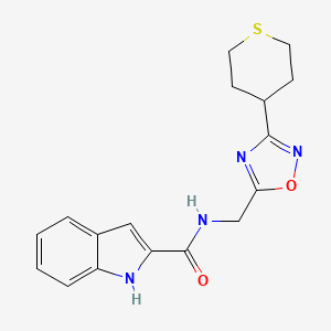 molecular formula C17H18N4O2S B2660586 N-{[3-(thian-4-yl)-1,2,4-oxadiazol-5-yl]methyl}-1H-indole-2-carboxamide CAS No. 2034519-03-2