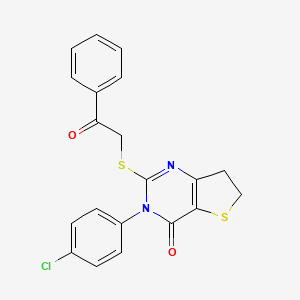 molecular formula C20H15ClN2O2S2 B2660717 3-(4-chlorophenyl)-2-[(2-oxo-2-phenylethyl)sulfanyl]-3H,4H,6H,7H-thieno[3,2-d]pyrimidin-4-one CAS No. 687565-44-2
