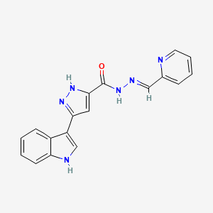 molecular formula C18H14N6O B2660772 (E)-3-(1H-indol-3-yl)-N'-(pyridin-2-ylmethylene)-1H-pyrazole-5-carbohydrazide CAS No. 1189315-42-1