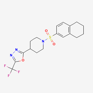 molecular formula C18H20F3N3O3S B2660798 2-(1-((5,6,7,8-Tetrahydronaphthalen-2-yl)sulfonyl)piperidin-4-yl)-5-(trifluoromethyl)-1,3,4-oxadiazole CAS No. 1706424-23-8