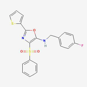 molecular formula C20H15FN2O3S2 B2660809 4-(benzenesulfonyl)-N-[(4-fluorophenyl)methyl]-2-thiophen-2-yl-1,3-oxazol-5-amine CAS No. 627833-26-5