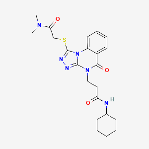 molecular formula C22H28N6O3S B2661062 N-cyclohexyl-3-(1-{[(dimethylcarbamoyl)methyl]sulfanyl}-5-oxo-4H,5H-[1,2,4]triazolo[4,3-a]quinazolin-4-yl)propanamide CAS No. 1113104-33-8
