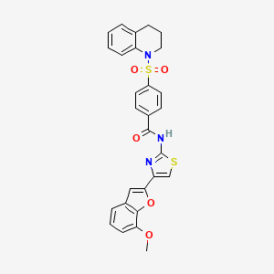 molecular formula C28H23N3O5S2 B2661380 4-((3,4-dihydroquinolin-1(2H)-yl)sulfonyl)-N-(4-(7-methoxybenzofuran-2-yl)thiazol-2-yl)benzamide CAS No. 921869-60-5