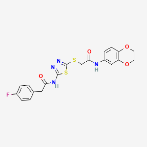 molecular formula C20H17FN4O4S2 B2661700 N-(2,3-dihydro-1,4-benzodioxin-6-yl)-2-({5-[2-(4-fluorophenyl)acetamido]-1,3,4-thiadiazol-2-yl}sulfanyl)acetamide CAS No. 868977-26-8