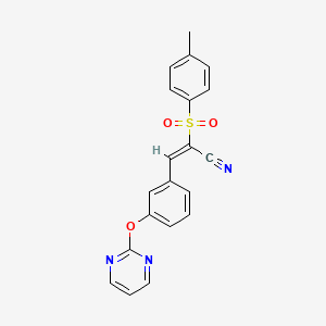 molecular formula C20H15N3O3S B2662179 (E)-2-(4-methylphenyl)sulfonyl-3-(3-pyrimidin-2-yloxyphenyl)prop-2-enenitrile CAS No. 861210-23-3