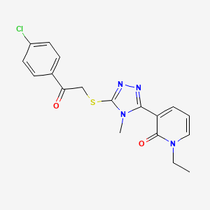 molecular formula C18H17ClN4O2S B2662184 3-(5-((2-(4-chlorophenyl)-2-oxoethyl)thio)-4-methyl-4H-1,2,4-triazol-3-yl)-1-ethylpyridin-2(1H)-one CAS No. 1105229-53-5