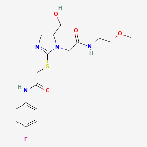 molecular formula C17H21FN4O4S B2662200 N-(4-fluorophenyl)-2-((5-(hydroxymethyl)-1-(2-((2-methoxyethyl)amino)-2-oxoethyl)-1H-imidazol-2-yl)thio)acetamide CAS No. 921884-90-4
