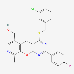 molecular formula C25H19ClFN3O2S B2662228 (7-{[(3-Chlorophenyl)methyl]sulfanyl}-5-(4-fluorophenyl)-14-methyl-2-oxa-4,6,13-triazatricyclo[8.4.0.0^{3,8}]tetradeca-1(10),3(8),4,6,11,13-hexaen-11-yl)methanol CAS No. 892417-82-2