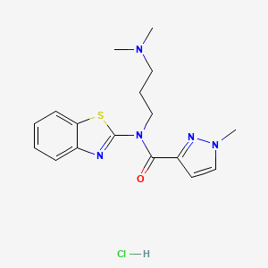 molecular formula C17H22ClN5OS B2662267 N-(1,3-benzothiazol-2-yl)-N-[3-(dimethylamino)propyl]-1-methyl-1H-pyrazole-3-carboxamide hydrochloride CAS No. 1185112-26-8