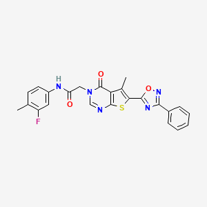 molecular formula C24H18FN5O3S B2662475 N-(3-fluoro-4-methylphenyl)-2-(5-methyl-4-oxo-6-(3-phenyl-1,2,4-oxadiazol-5-yl)thieno[2,3-d]pyrimidin-3(4H)-yl)acetamide CAS No. 1242869-56-2
