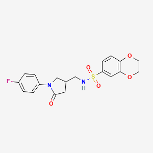 molecular formula C19H19FN2O5S B2662733 N-((1-(4-fluorophenyl)-5-oxopyrrolidin-3-yl)methyl)-2,3-dihydrobenzo[b][1,4]dioxine-6-sulfonamide CAS No. 955255-91-1