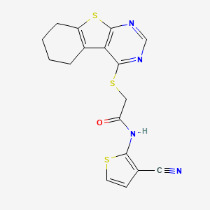 molecular formula C17H14N4OS3 B2662740 N-(3-cyanothiophen-2-yl)-2-{8-thia-4,6-diazatricyclo[7.4.0.0^{2,7}]trideca-1(9),2(7),3,5-tetraen-3-ylsulfanyl}acetamide CAS No. 315697-13-3
