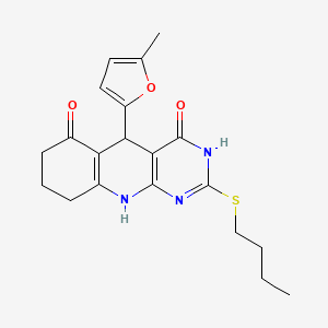 molecular formula C20H23N3O3S B2662910 2-(butylsulfanyl)-5-(5-methylfuran-2-yl)-5,8,9,10-tetrahydropyrimido[4,5-b]quinoline-4,6(3H,7H)-dione CAS No. 628278-59-1
